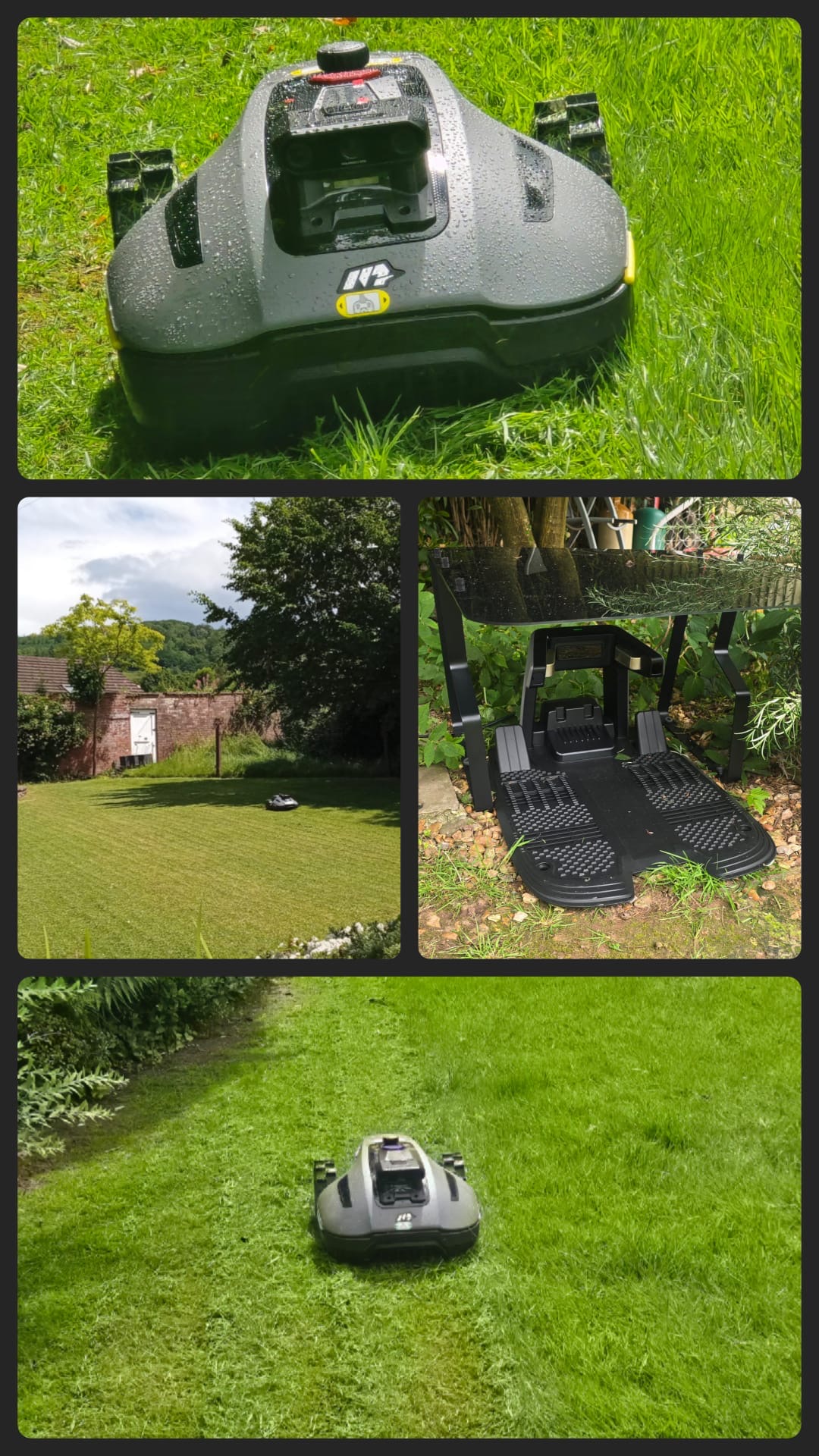 Collage of four photos: a close-up of the robot mower, a wide garden lawn shot, the mower's charging station, and the mower on a garden path
